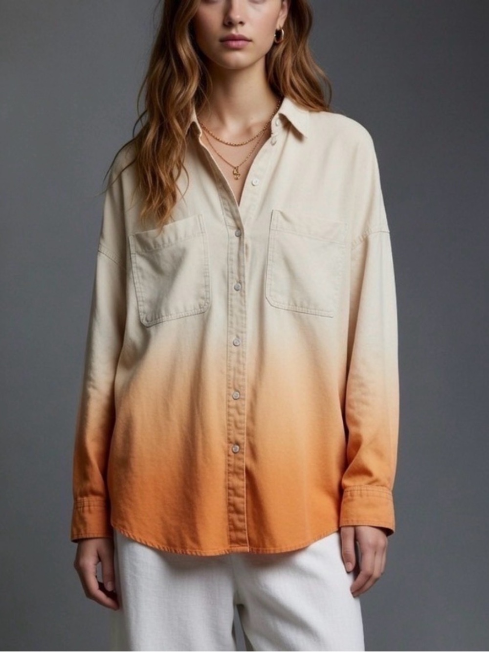 Relaxed Ombre 100% Cotton Button-Down Shirt in Cream and Orange
